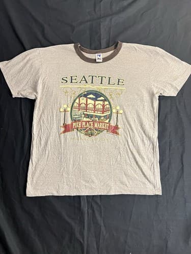 VTG PIKE PLACE MARKET Mens L Cotton SEATTLE CITY T-SHIRT Tourist Ferry Grey - Image 1