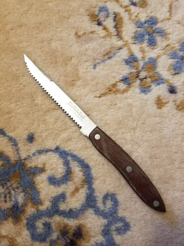 VTG Sheffield Steel Olympia Japan Steak Knife Stainless Wood Handle Serrated Pin - Image 1