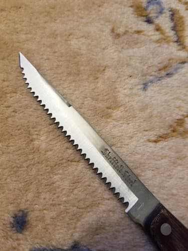 VTG Sheffield Steel Olympia Japan Steak Knife Stainless Wood Handle Serrated Pin - Thumbnail 2