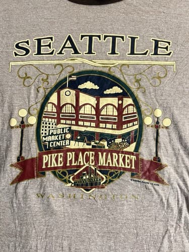 VTG PIKE PLACE MARKET Mens L Cotton SEATTLE CITY T-SHIRT Tourist Ferry Grey - Thumbnail 2