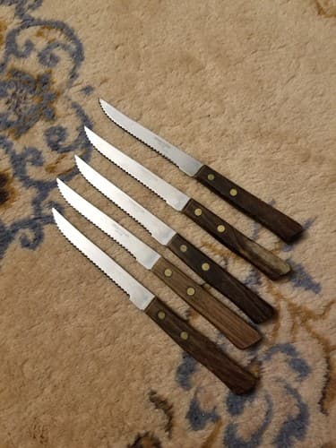 Set Of 5 Vintage Japan Stainless Steel Steak Knife Lot Serrated Set Wood 2 Pin - Image 1