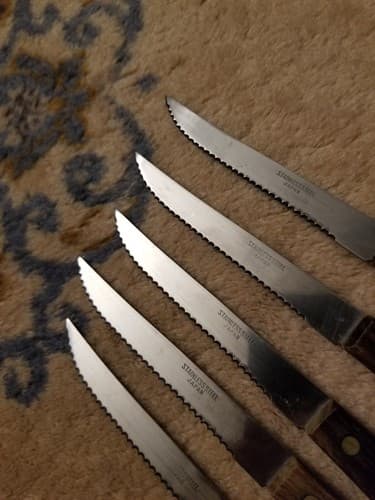 Set Of 5 Vintage Japan Stainless Steel Steak Knife Lot Serrated Set Wood 2 Pin - Thumbnail 4