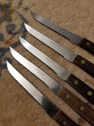 Set Of 5 Vintage Japan Stainless Steel Steak Knife Lot Serrated Set Wood 2 Pin - Thumbnail 3