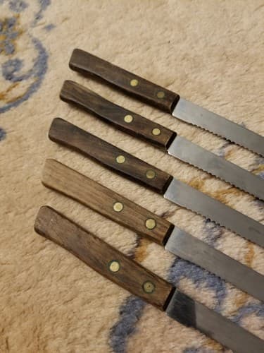 Set Of 5 Vintage Japan Stainless Steel Steak Knife Lot Serrated Set Wood 2 Pin - Thumbnail 7
