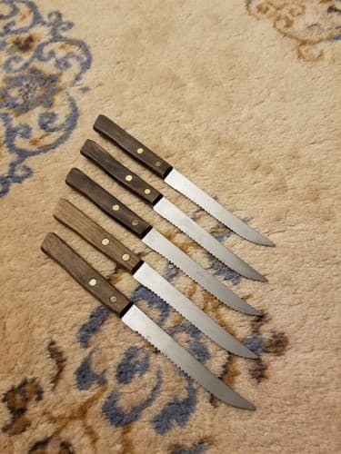 Set Of 5 Vintage Japan Stainless Steel Steak Knife Lot Serrated Set Wood 2 Pin - Thumbnail 5