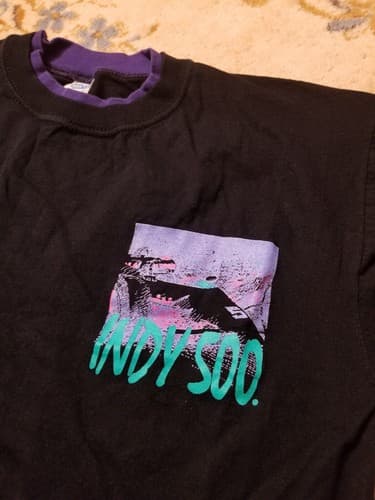 Vintage 90s Indy 500 Speedway Retro Chest Print Racing L Tee Purple Black Double - Image 1