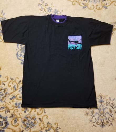 Vintage 90s Indy 500 Speedway Retro Chest Print Racing L Tee Purple Black Double - Thumbnail 8