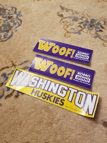 Lot Of 3 VTG Washington Huskies WOOF! Football Bumper Stickers KOMO AM 1000 USA - Thumbnail 2