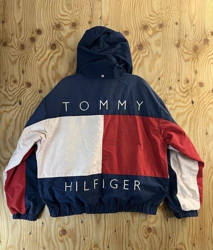 Vtg 90s Tommy Hilfiger Spell Out Big Flag Logo Reversible Men M Jacket Coat READ - Image 1