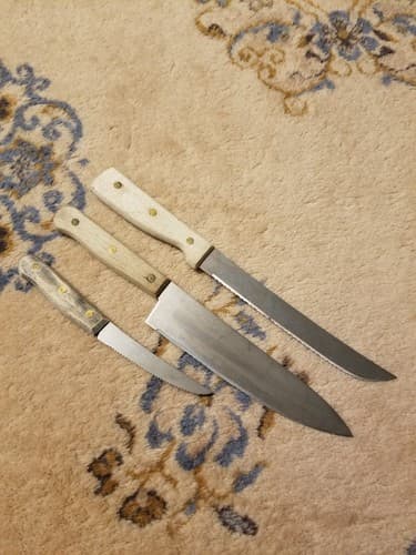 3 Vintage Old Homestead Chef Knives Riveted Wood Handle Knife Set Serrated - Image 1