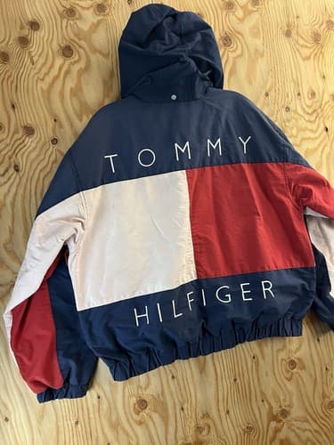 Vtg 90s Tommy Hilfiger Spell Out Big Flag Logo Reversible Men M Jacket Coat READ - Thumbnail 2