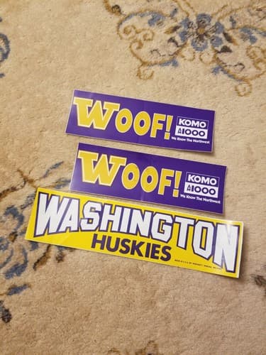 Lot Of 3 VTG Washington Huskies WOOF! Football Bumper Stickers KOMO AM 1000 USA - Image 1