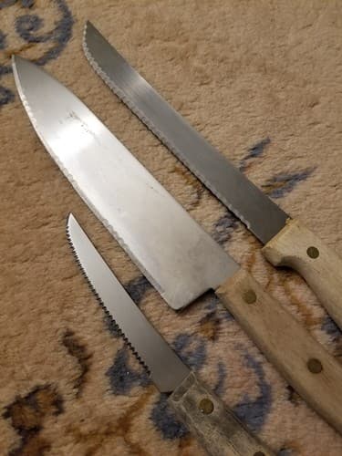 3 Vintage Old Homestead Chef Knives Riveted Wood Handle Knife Set Serrated - Thumbnail 8