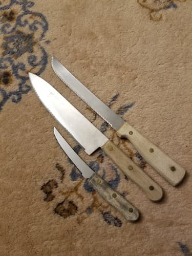 3 Vintage Old Homestead Chef Knives Riveted Wood Handle Knife Set Serrated - Thumbnail 6