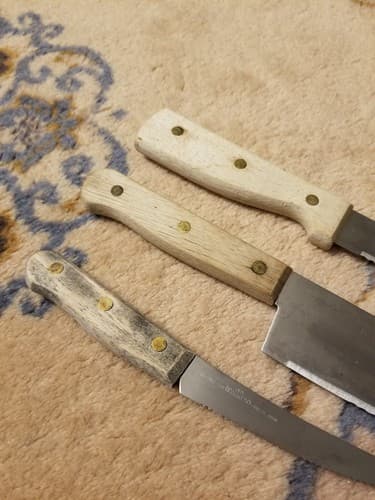 3 Vintage Old Homestead Chef Knives Riveted Wood Handle Knife Set Serrated - Thumbnail 4