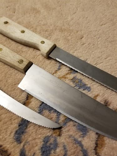 3 Vintage Old Homestead Chef Knives Riveted Wood Handle Knife Set Serrated - Thumbnail 3