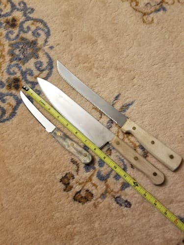 3 Vintage Old Homestead Chef Knives Riveted Wood Handle Knife Set Serrated - Thumbnail 10