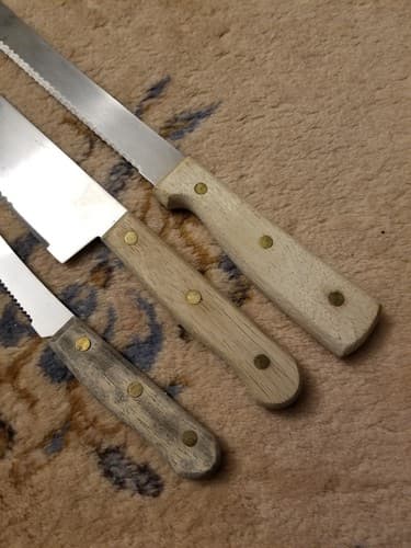 3 Vintage Old Homestead Chef Knives Riveted Wood Handle Knife Set Serrated - Thumbnail 7