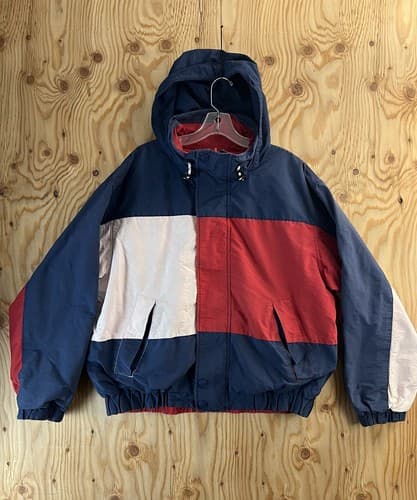 Vtg 90s Tommy Hilfiger Spell Out Big Flag Logo Reversible Men M Jacket Coat READ - Thumbnail 6