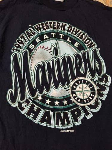 Vtg 1997 Seattle Mariners Champions Graffiti Shirt MLB Navy Blue Medium M Logo 7 - Thumbnail 2