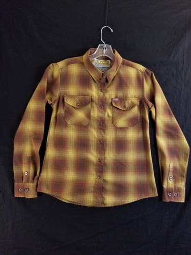 Dixxon Goldfield Women’s M Flannel Shirt Plaid Brown Red Gold Snap Button Long - Image 1