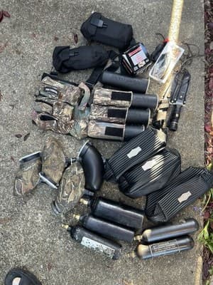 Lot Of Paintball Gear Hoppers/ Tubes/ Co2 Tanks/ Cartridge/ Grenades/ Knife/Case - Image 1