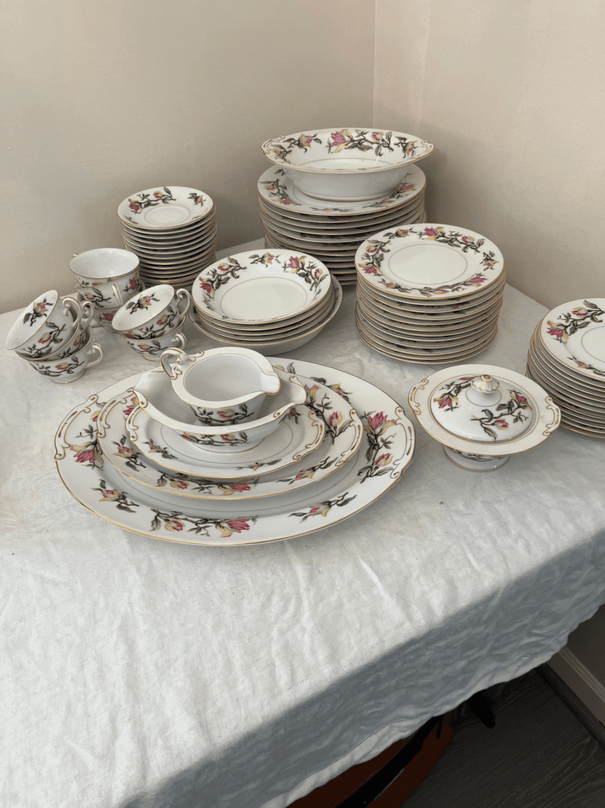 Floral China Dinnerware Set with Gold Trim - Image 1