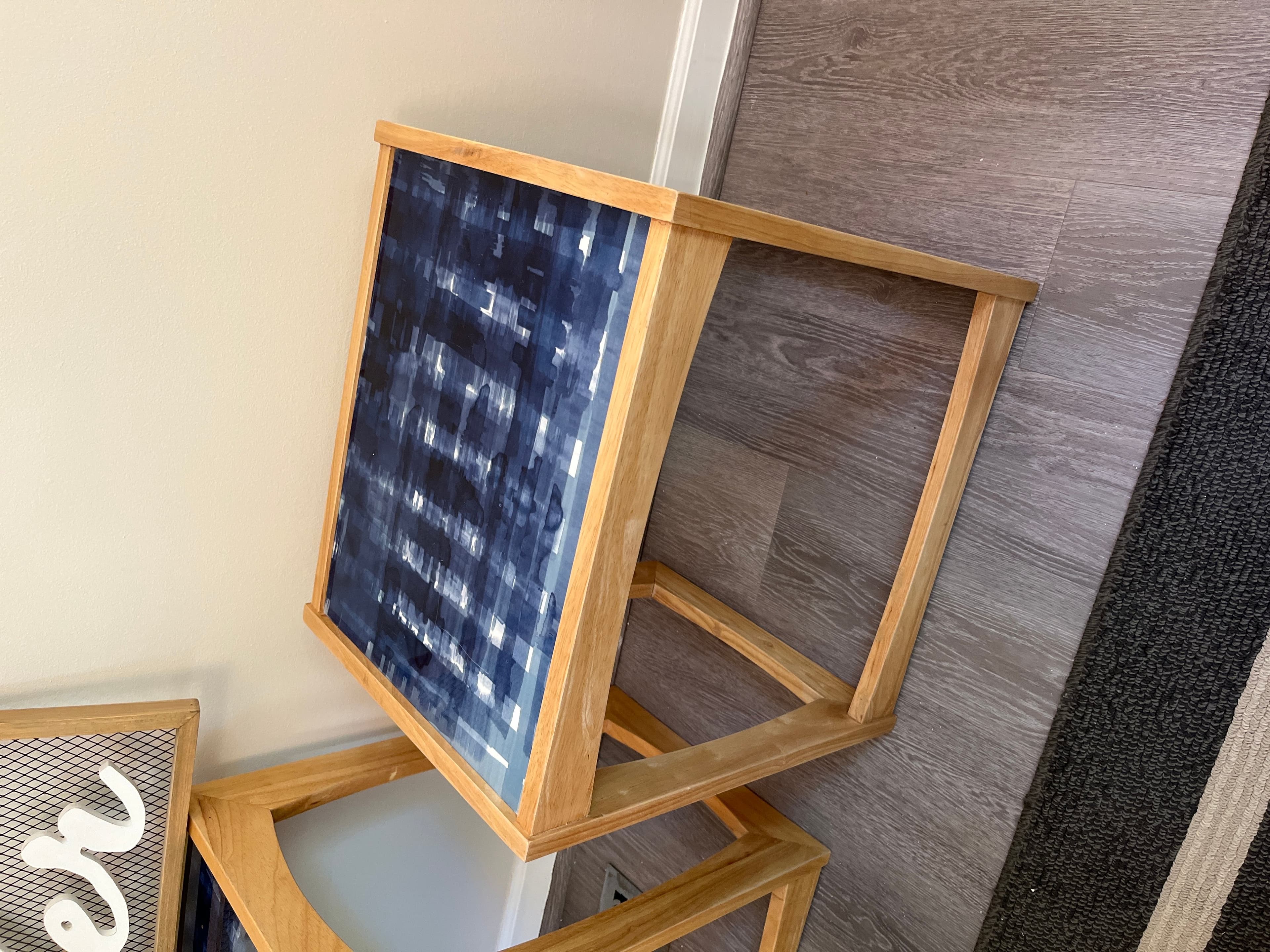 Wooden Side Table with Blue Abstract Top - Image 1