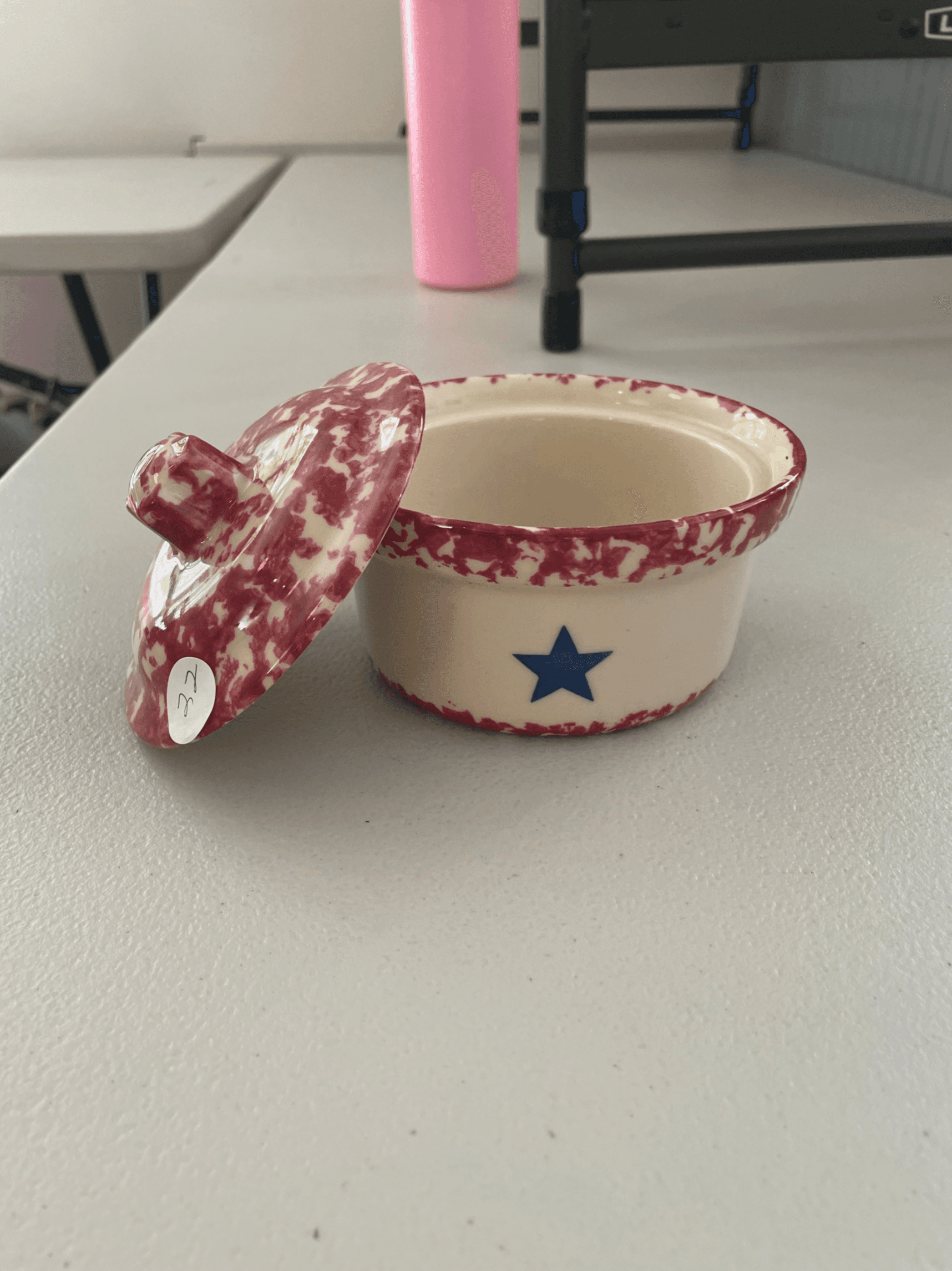 Red and White Speckled Ceramic garlic safe with Lid - Image 1