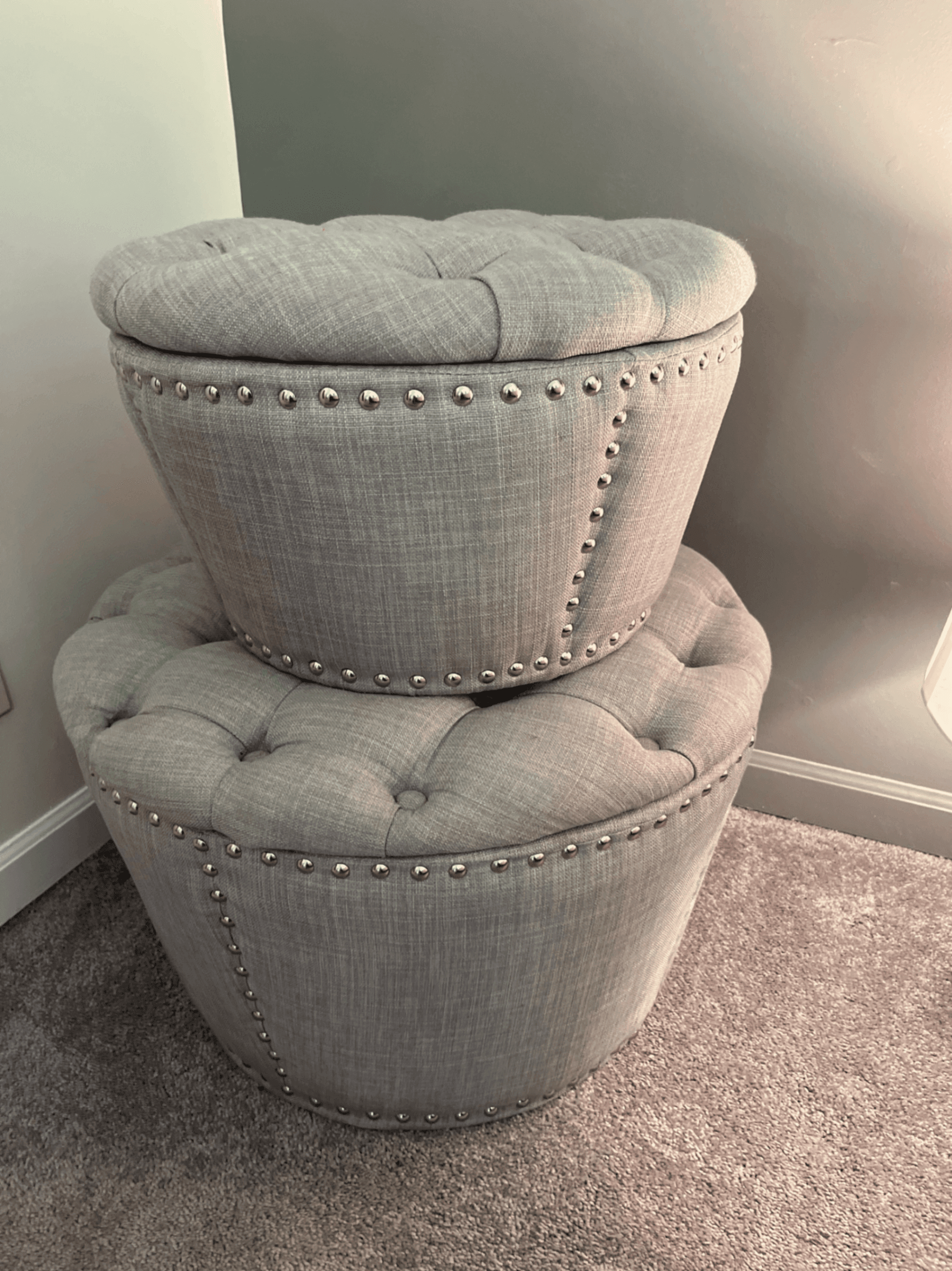 Gray Tufted Ottoman with Nailhead Trim - Image 1