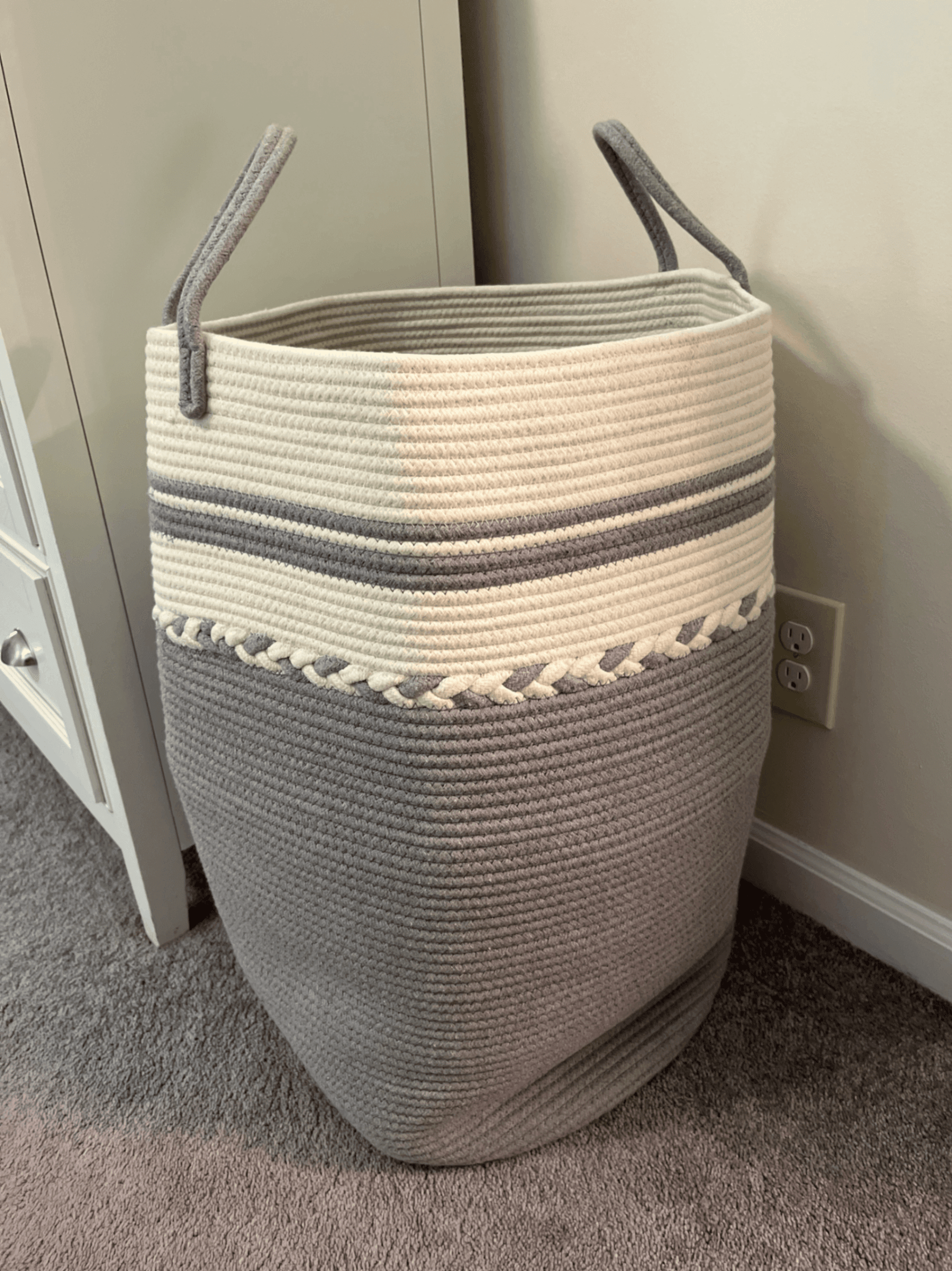 Large Gray and White Woven Rope Storage Basket with Handles - Image 1
