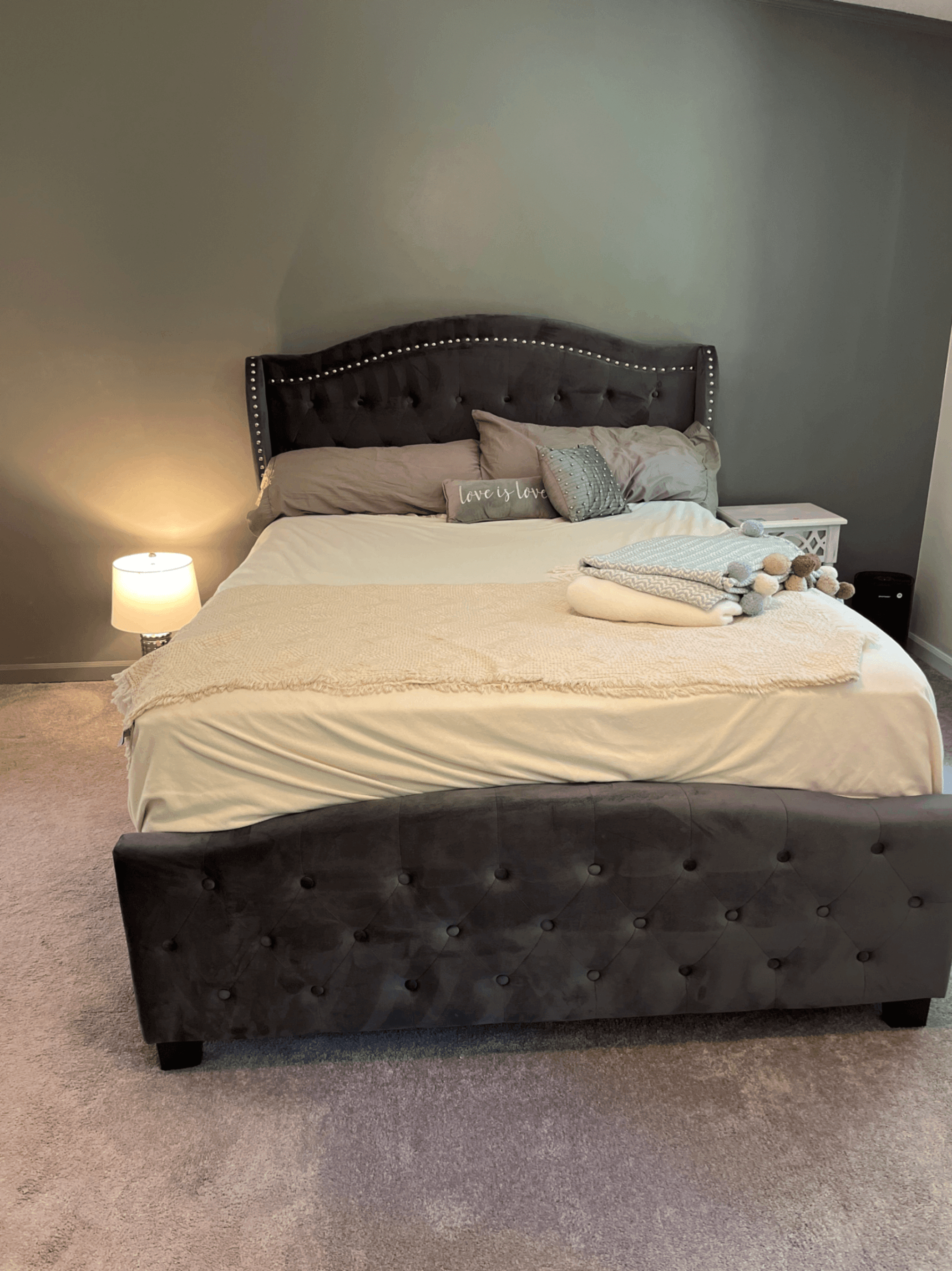 Tufted Upholstered Bed with Studded Headboard - Image 1