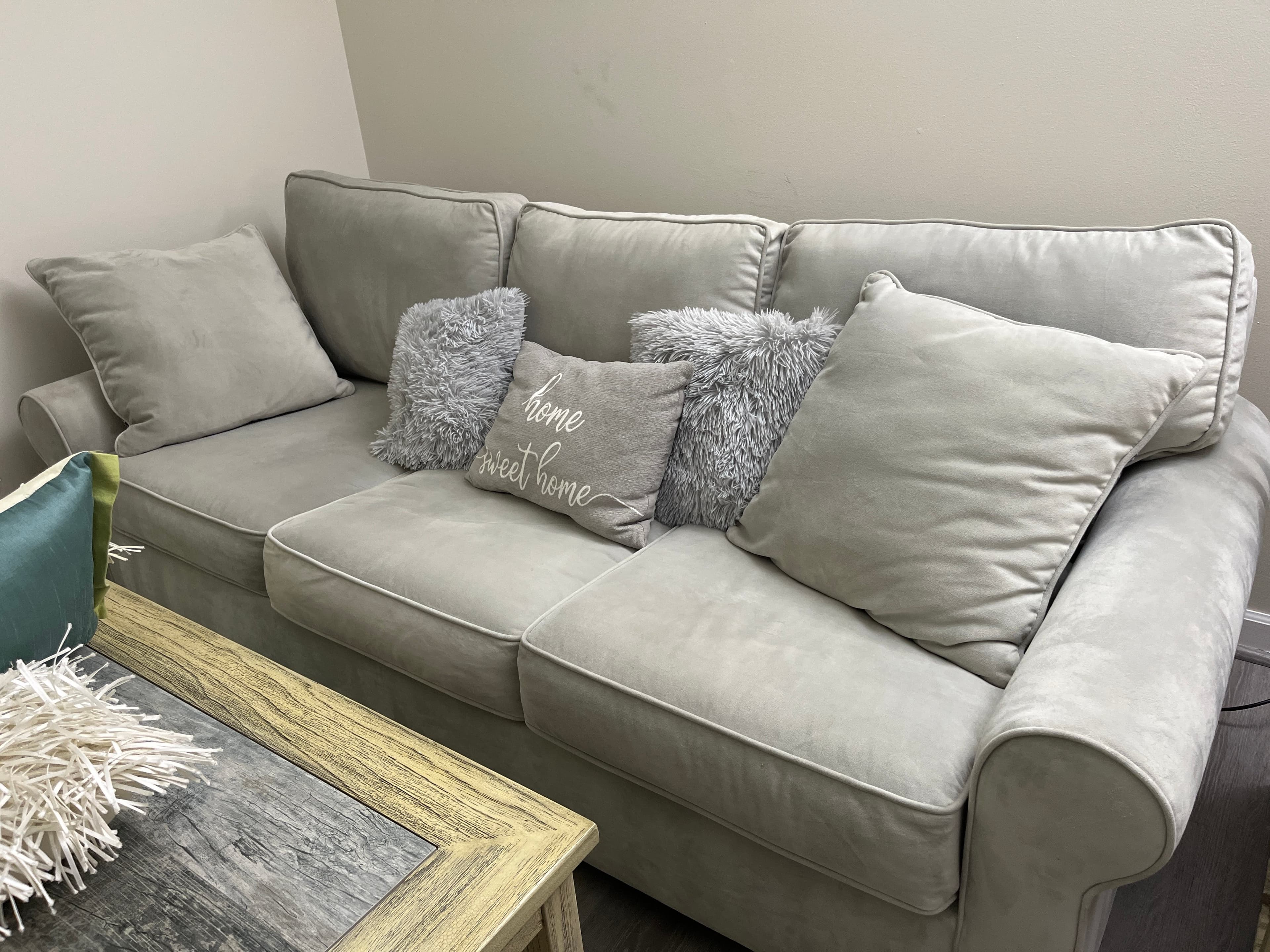 Grey Upholstered Sofa with Cushions - Image 1
