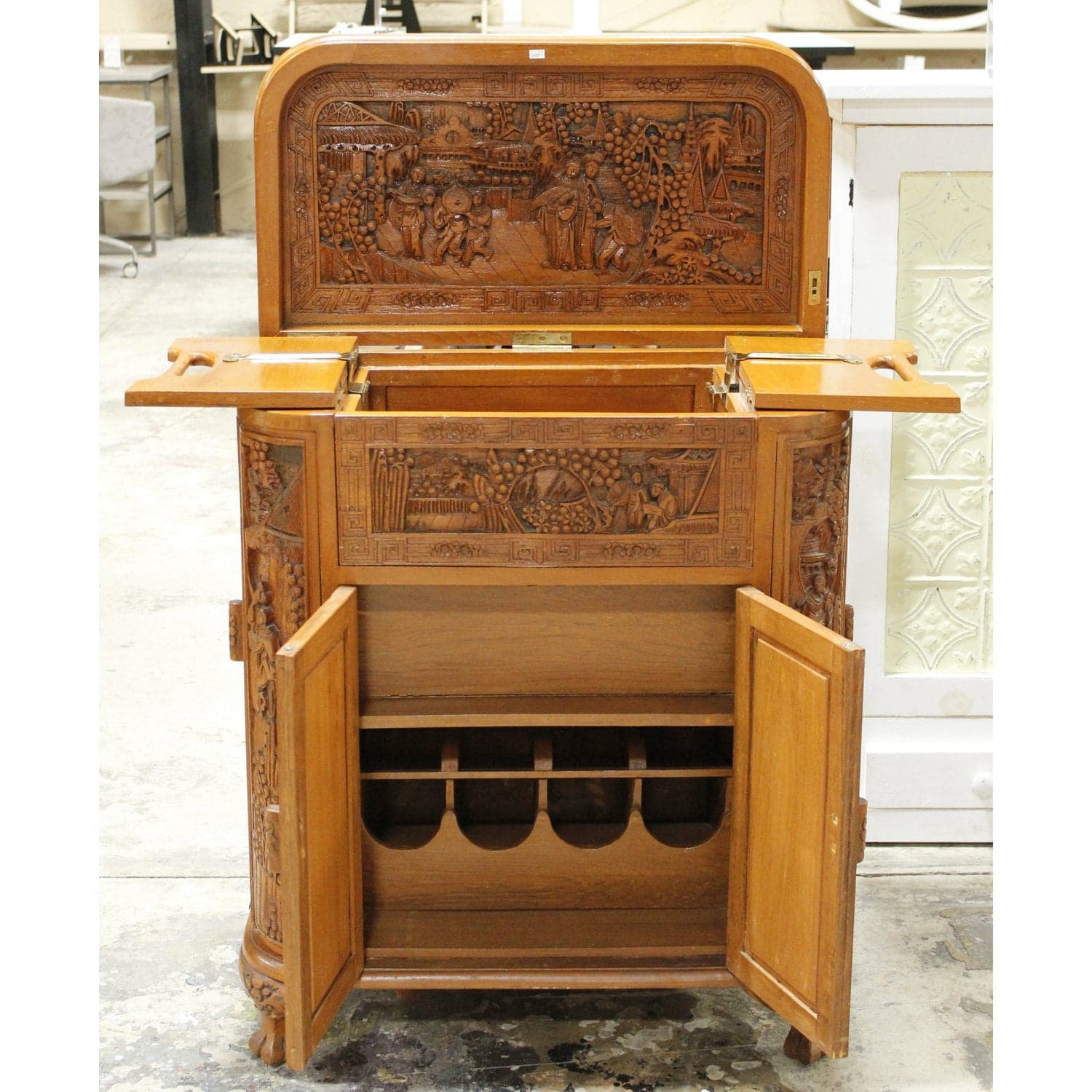 Asian Style Ornately Carved Bar Cabinet w/Elevator Lift - Thumbnail 3