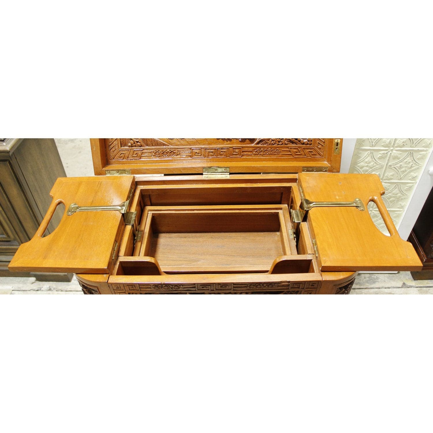 Asian Style Ornately Carved Bar Cabinet w/Elevator Lift - Thumbnail 4