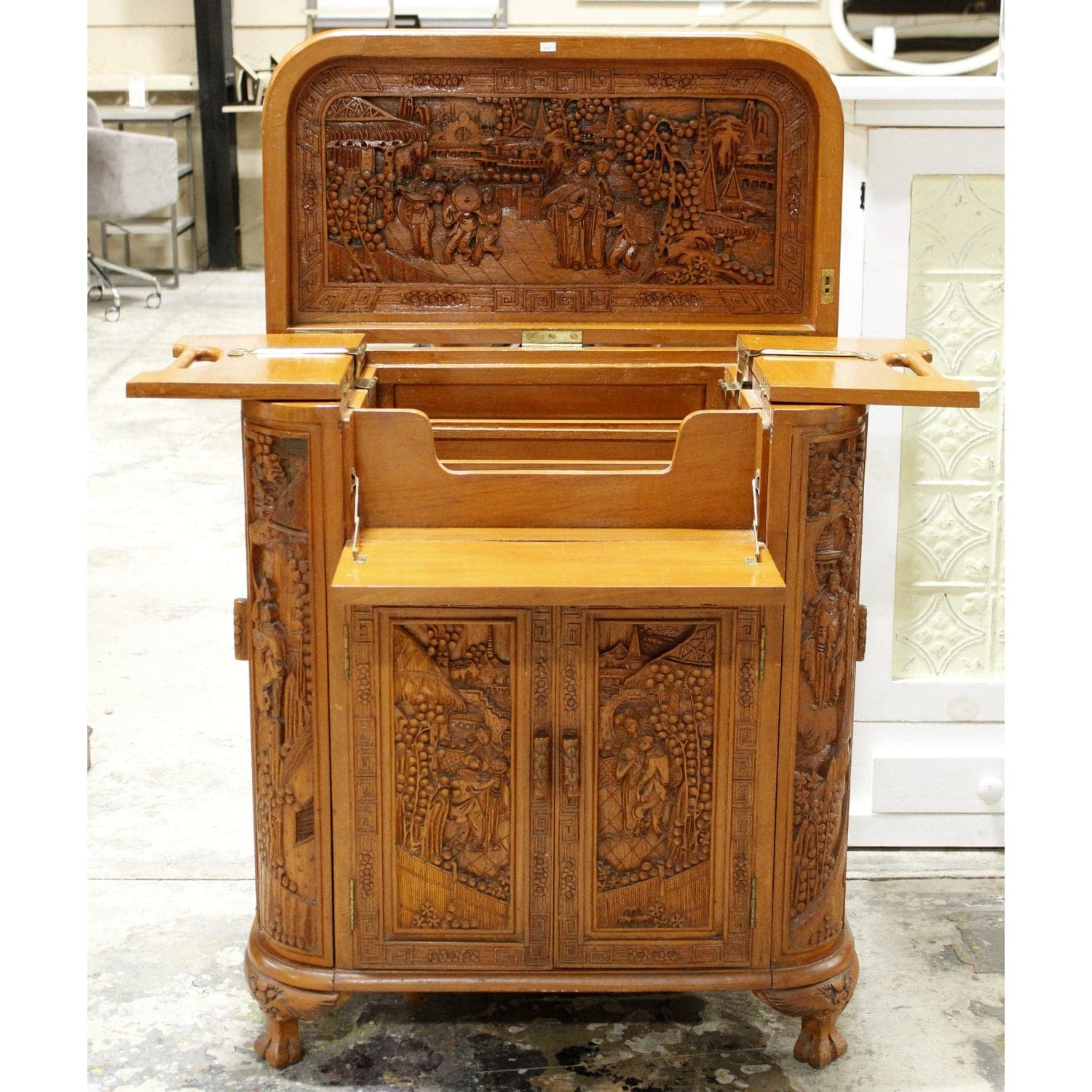 Asian Style Ornately Carved Bar Cabinet w/Elevator Lift - Thumbnail 2