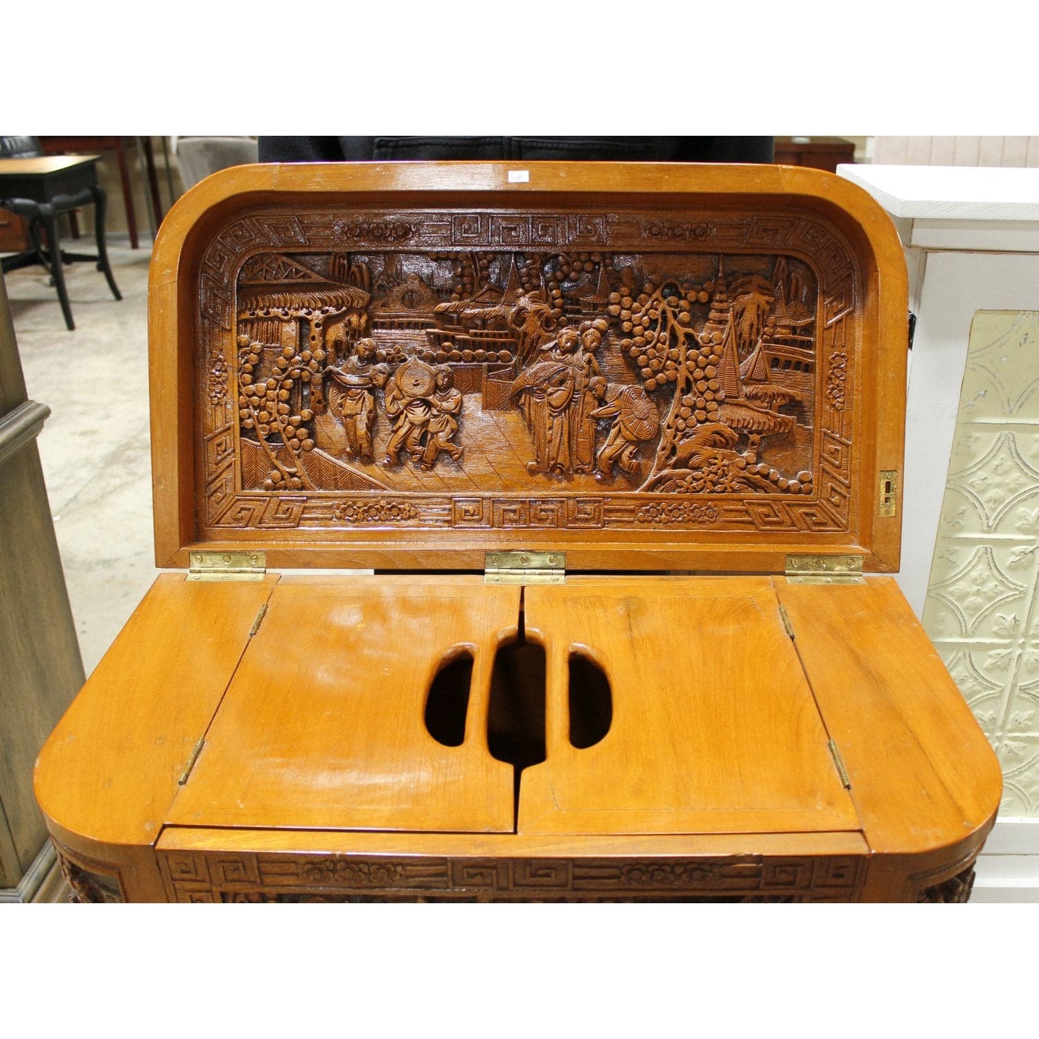 Asian Style Ornately Carved Bar Cabinet w/Elevator Lift - Thumbnail 5