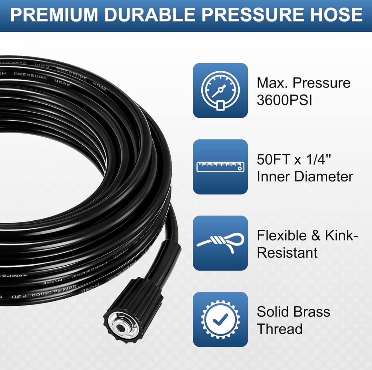 Pressure Washer Hose 49.2 Ft, 1/4" ID M22-14mm Brass Fitting, 3600 PSI - Thumbnail 2