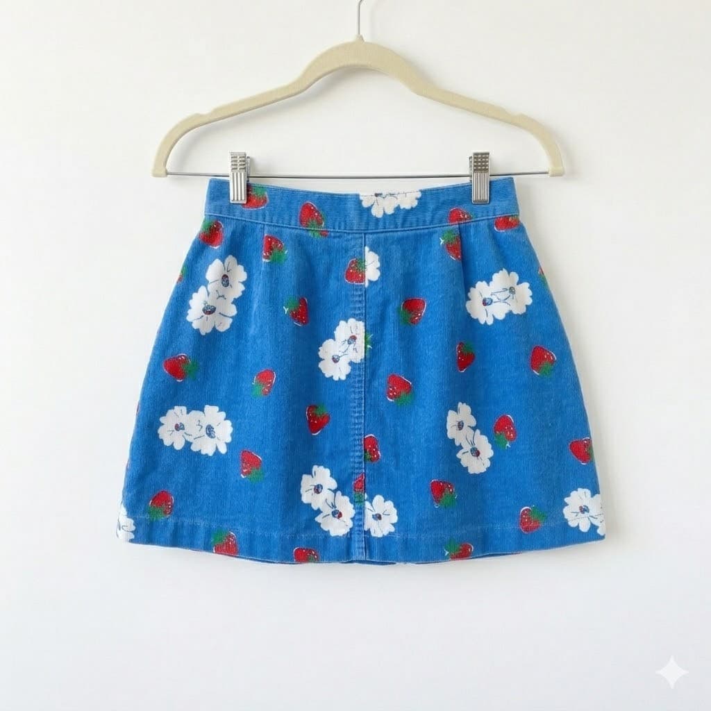 Vintage 1980s-90s Blue Denim Strawberry Floral Mini Skirt Cottagecore Y2K - Thumbnail 3