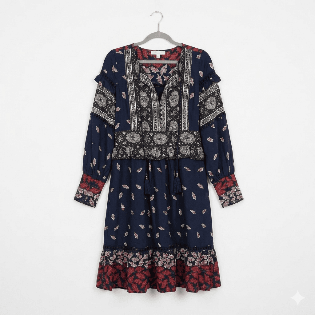 Sea New York Eloise Boho Fall Leaves Long Sleeve Dress Size M