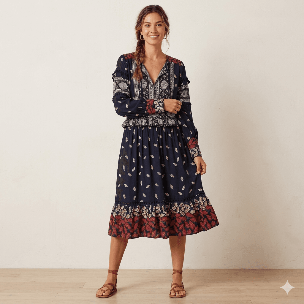 Sea New York Eloise Boho Fall Leaves Long Sleeve Dress Size M - Thumbnail 3
