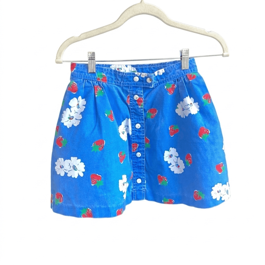 Vintage 1980s-90s Blue Denim Strawberry Floral Mini Skirt Cottagecore Y2K - Thumbnail 4