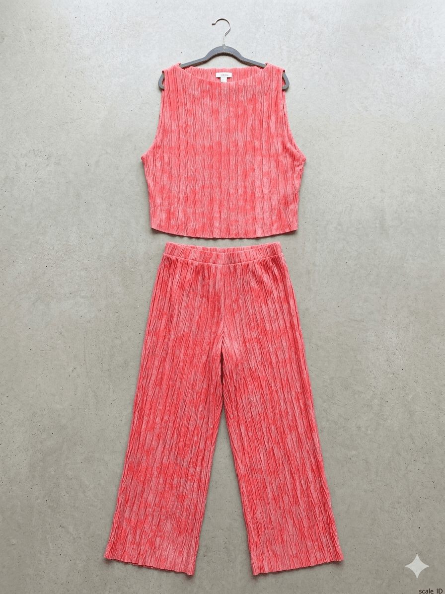 ZARA Neon Coral Plissé Two-Piece Co-ord Set Size L - Thumbnail 3
