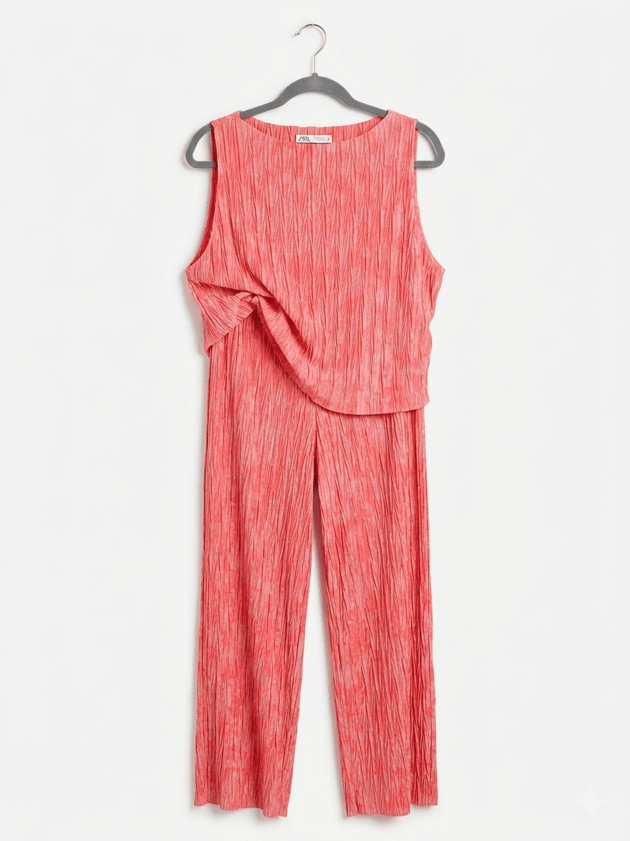 ZARA Neon Coral Plissé Two-Piece Co-ord Set Size L