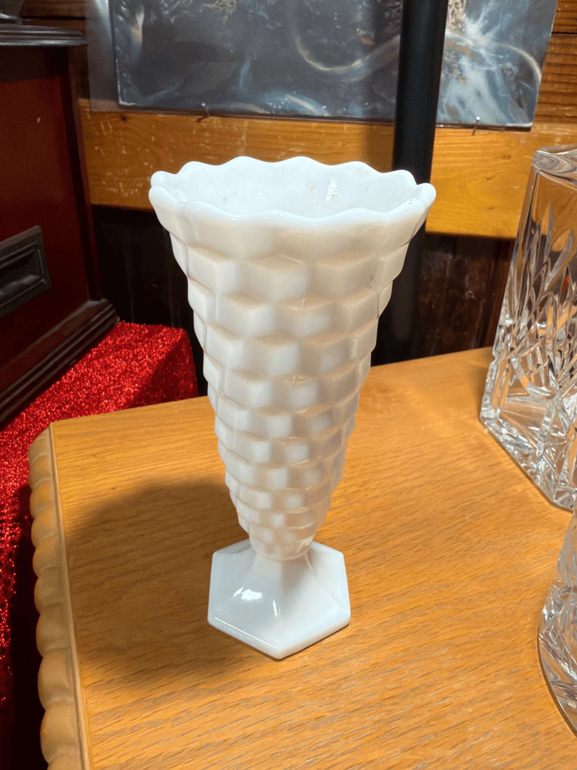 Vintage Fostoria 6” White Milk Glass bud Vase with Hexagonal Base - Image 1