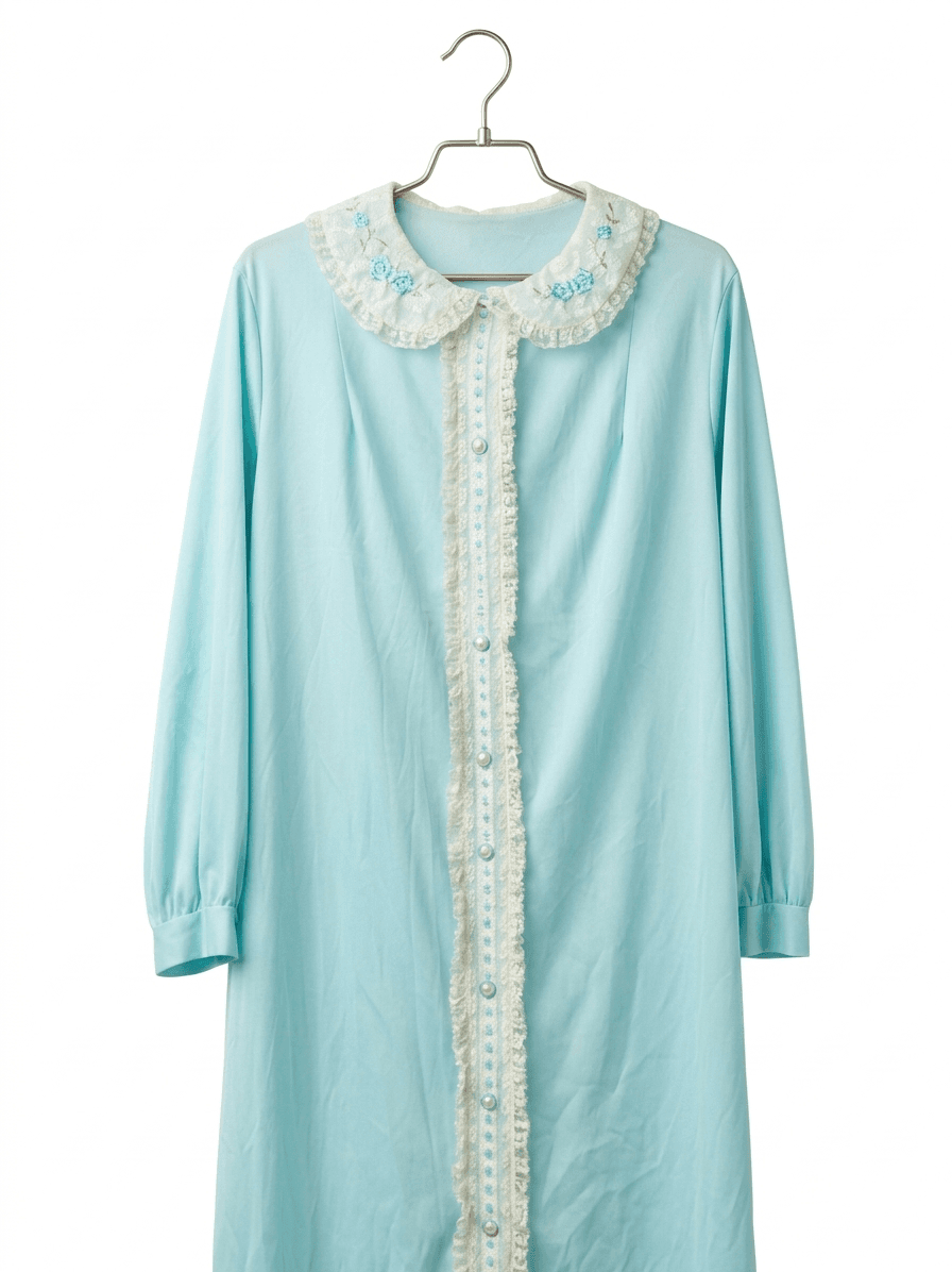 Vintage 60s 70s Peignoir Set Blue Lace Nightgown & Long Sleeve Robe 2PC Lingerie - Thumbnail 4