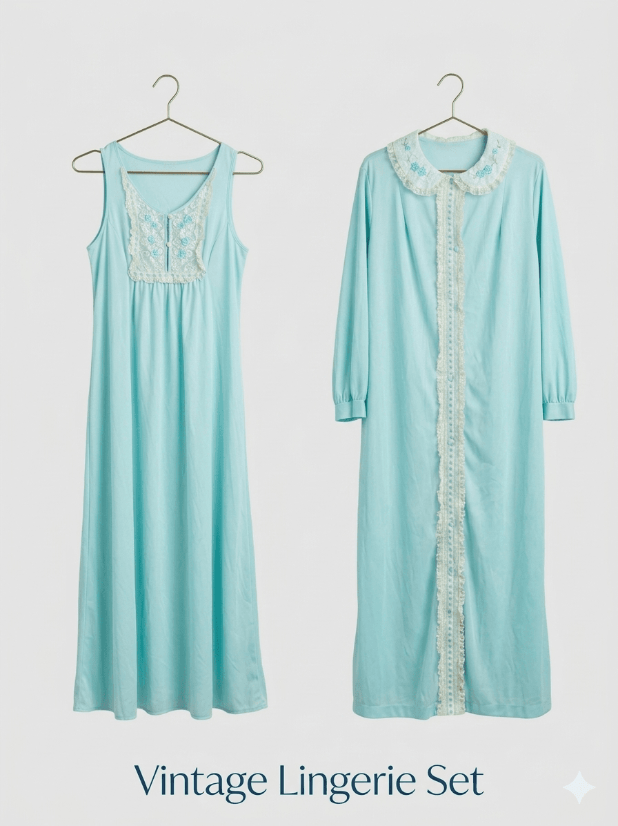 Vintage 60s 70s Peignoir Set Blue Lace Nightgown & Long Sleeve Robe 2PC Lingerie - Image 1