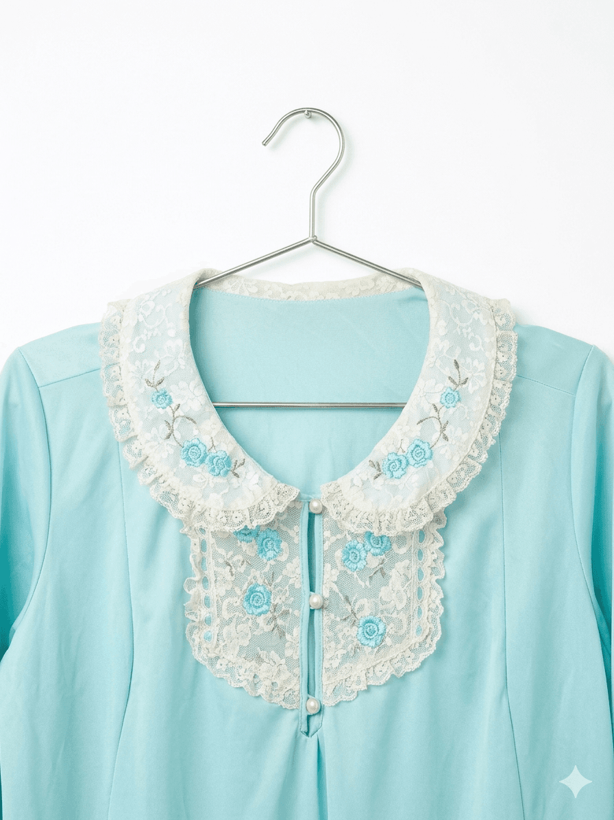Vintage 60s 70s Peignoir Set Blue Lace Nightgown & Long Sleeve Robe 2PC Lingerie - Thumbnail 3