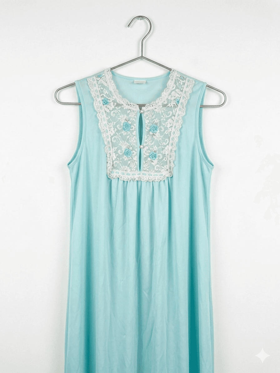 Vintage 60s 70s Peignoir Set Blue Lace Nightgown & Long Sleeve Robe 2PC Lingerie - Thumbnail 2