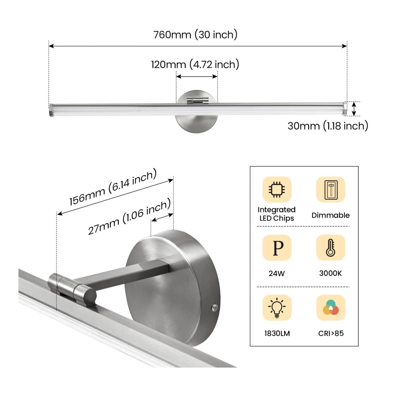 New 30 inch LED Vanity Light with Adjustable Angle and Nickel Finish - Thumbnail 5